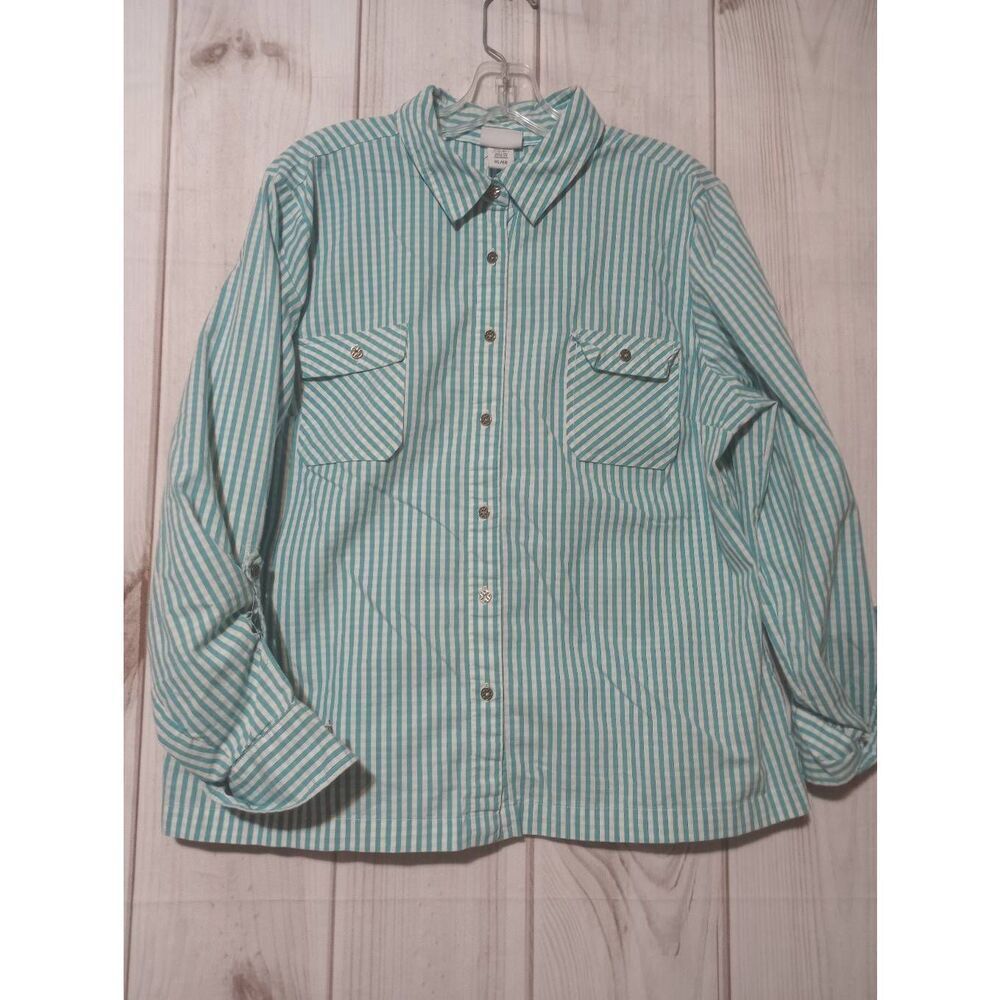 Jaclyn Smith Women XL‎ Teal White Striped Button Down Roll Tab Sleeve Shirt Top